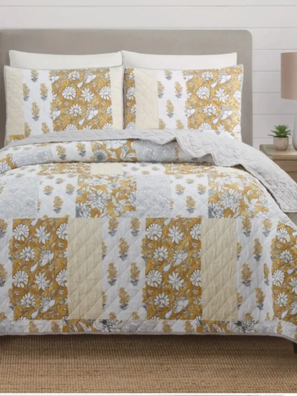 Golden Saffron Patchwork Queen Quilt Set Cottage Floral Shabby Chic